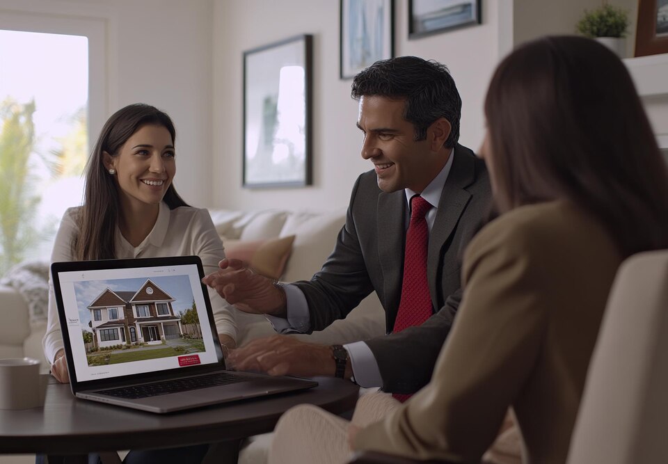 Happy real estate clients with an agent showcasing homes that match their needs and preferences