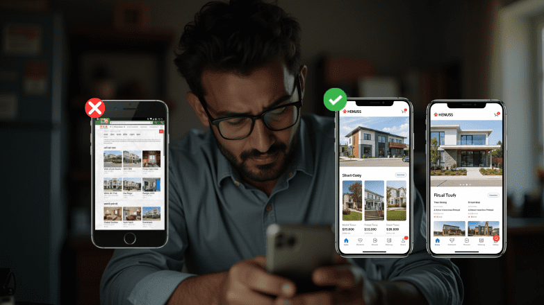 Comparing bad and good mobile real estate website design on smartphones.