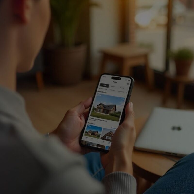 Homebuyer browsing real estate listings on a mobile-friendly website using a smartphone.