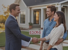 Storytelling in real estate marketing – agent showing home to happy clients