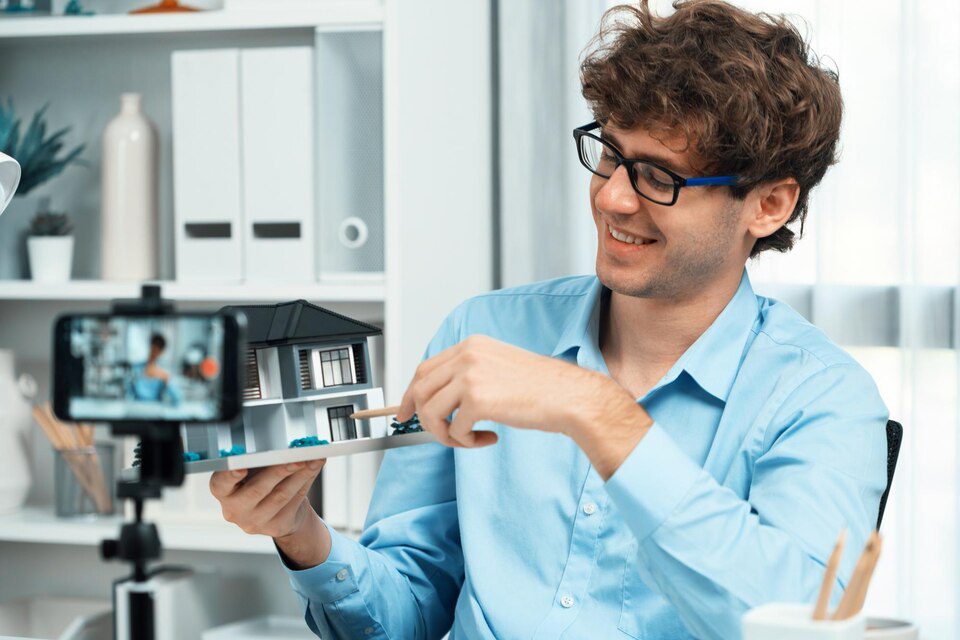 Real estate agent using video marketing to promote property listings online 